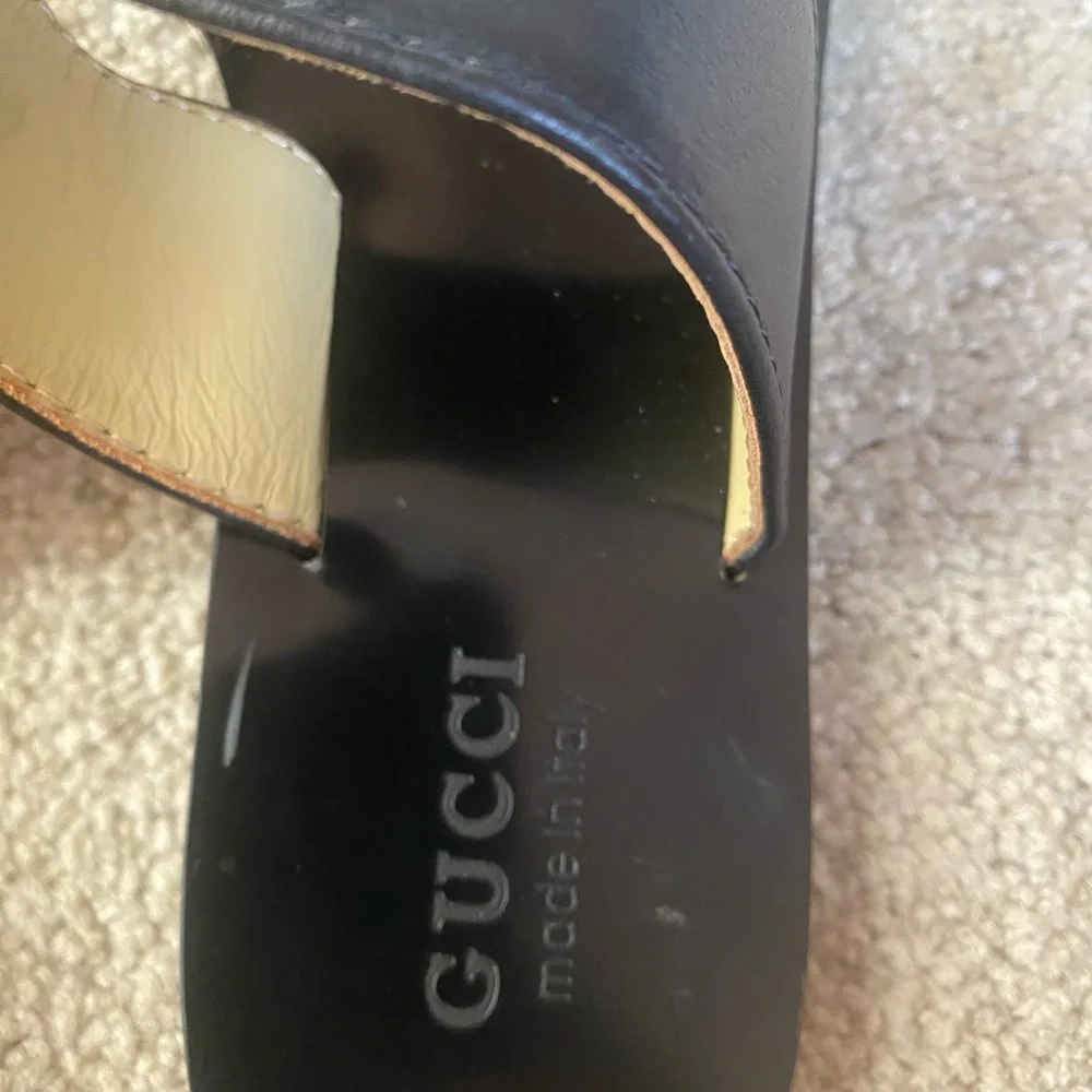 Italian Black Leather Thong Sandals with Gold Interlocking G